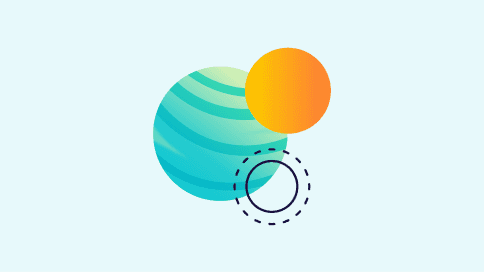 Illustration abstraite avec des formes géométriques colorées : une planète bleue rayée, un cercle orange et un cercle en pointillés sur fond bleu clair.